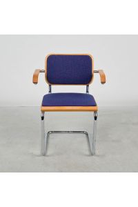 Thonet Guest Chair, Blue Pattern Fabric, Wood Arms, Chrome Frame