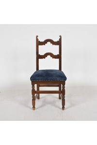 Vintage Spanish Revival Dining Chair, Dark Oak Wood, Blue Upholstered Seat, Nailhead Trim