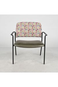 Steelcase Guest Chair; Olive Vinyl Seat; Patterned Upholstered Back; Black Frame