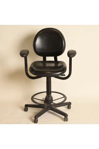 Steelcase Criterion Drafting Stool, Black Vinyl, Adjustable, Arms, Foot Ring, Casters