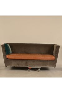 Contemporary Sofa Gray Velvet & Brown Leather 84" Nailhead Trim
