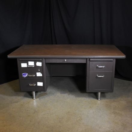 Vintage Steelcase Tanker Desk Dark Wood Colored Metal Rectangle with Storage Lockable Includes Key 73"X37"x29"