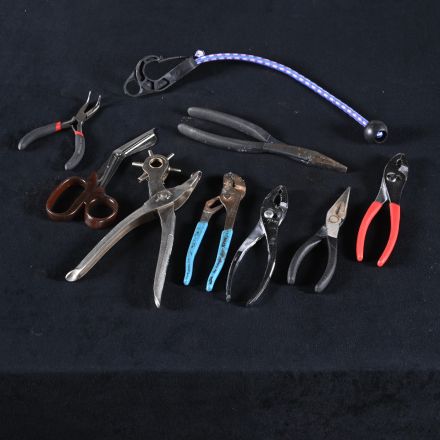 Nine (9) Tools Various of Pliers, Leather 6-Hole Punch, Scissors & Bungee Cord