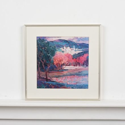 Framed Landscape Painting Print Silver Tone Metal Frame 16.25"x16.25"