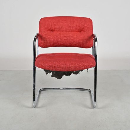 Damaged Red Fabric Guest Chair Chrome Sled Base Arms