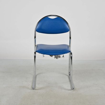 Stacking Chair Blue Vinyl Armless Chrome Sled Base