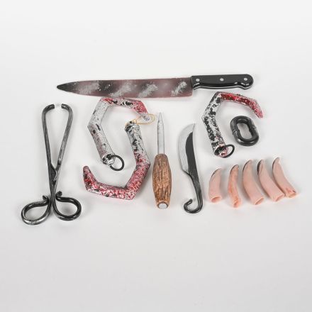 Halloween Horror Prop Lot - Bloody Knife, Meat Hooks, Fake Fingers, Tongs