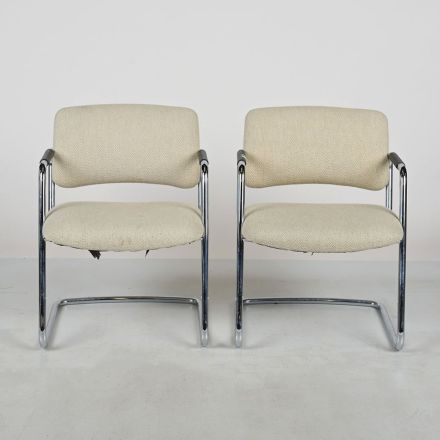 Set of 2 Vintage Steelcase Cantilever Guest Chairs Cream Upholstered Chrome Frame